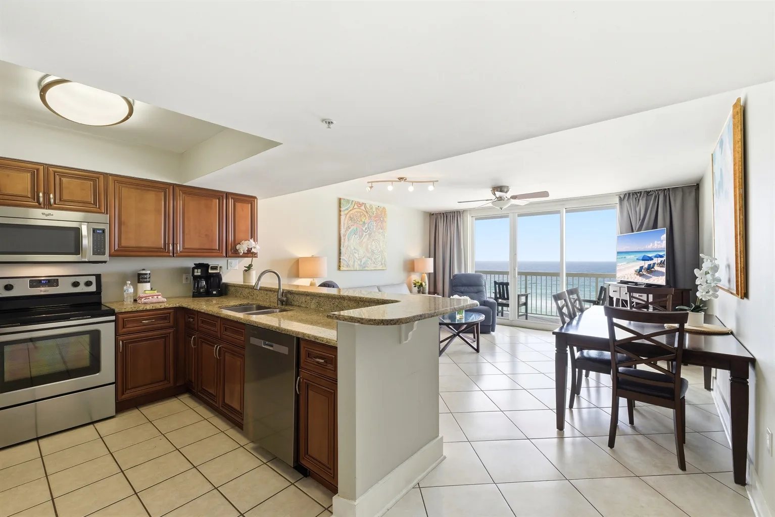 Unit 707 kitchen and dining area at Pelican Beach Resort Destin FL